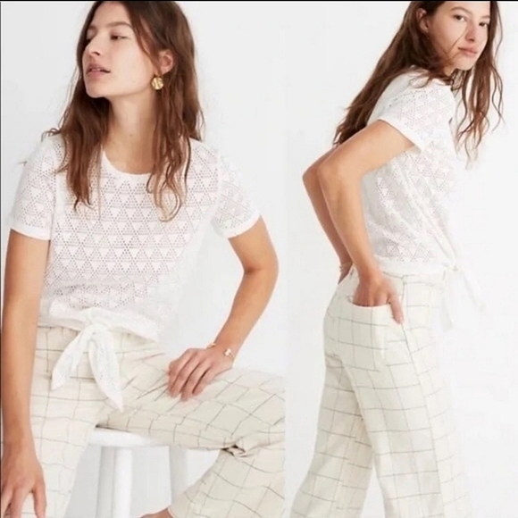Madewell Texture and Thread Open Knit Geo Eyelet Tie Waist T-Shirt Top Large - Picture 1 of 8
